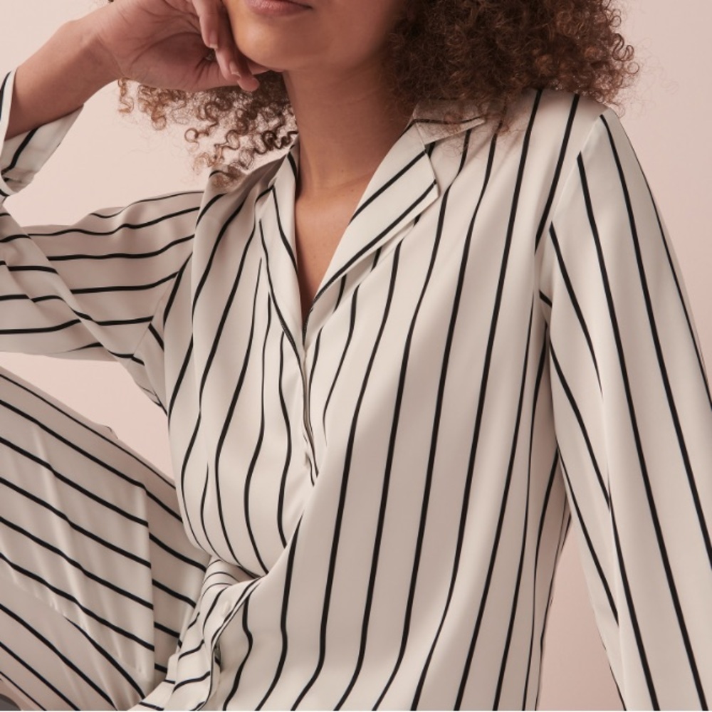 La Vie En Rose Black and White Vertical Stripe Satin Shirt - Picture 1 of 10